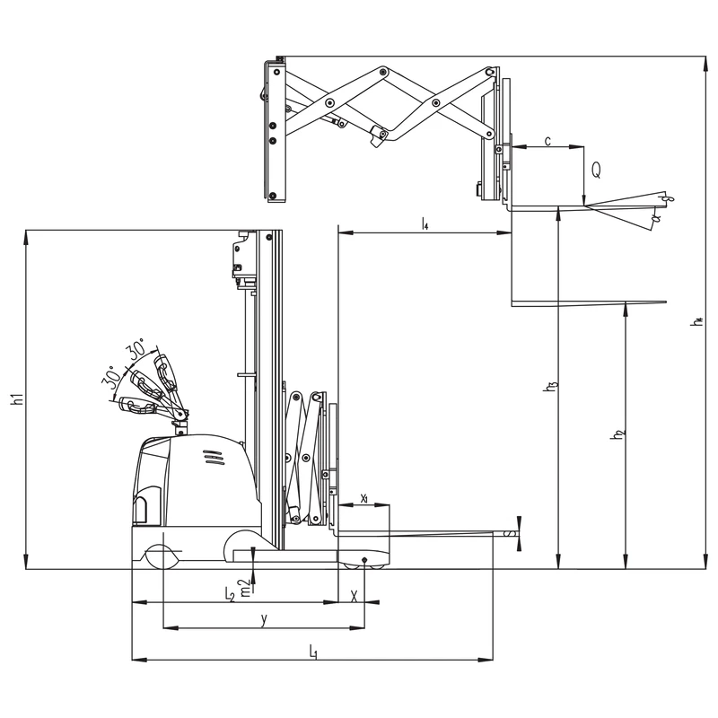 Vista lateral do empilhador retrátil elétrico EVV15DDS/EVV20DDS