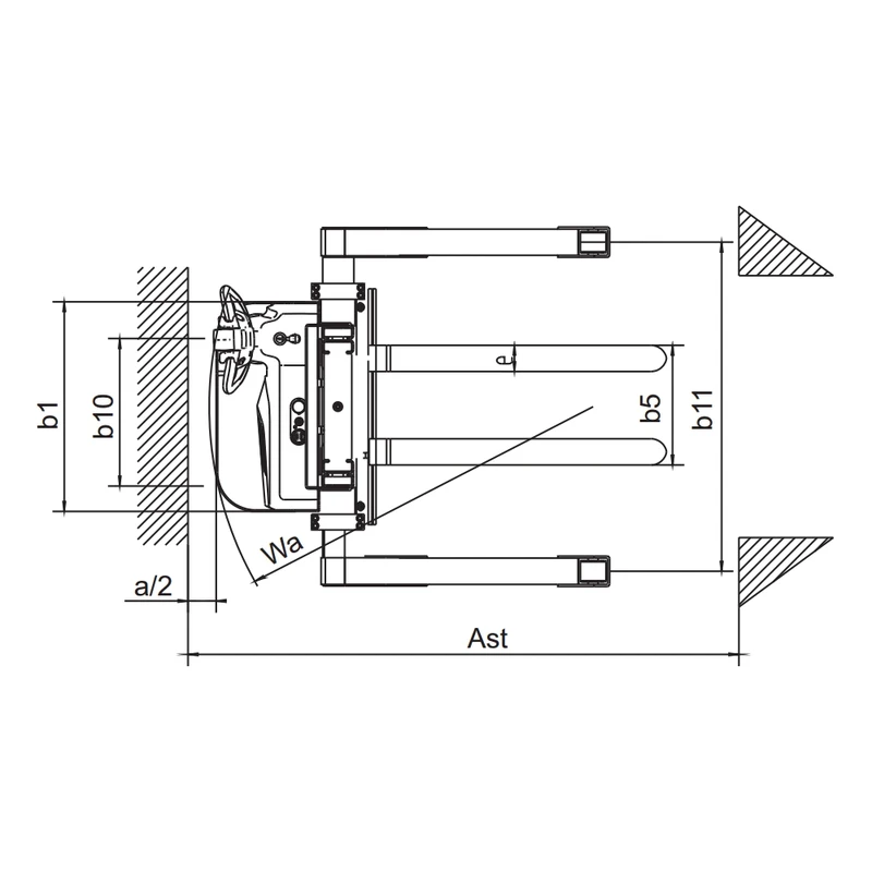 Empilhador elétrico compacto EVV10B-PV, EVV12B-PV e EVV15B-PV com patolas afastadas