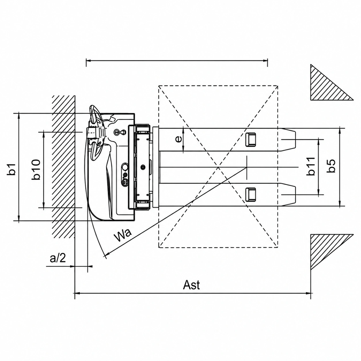 Segundo desenho técnico do empilhador elétrico EVV10B, EVV12B e EVV15B