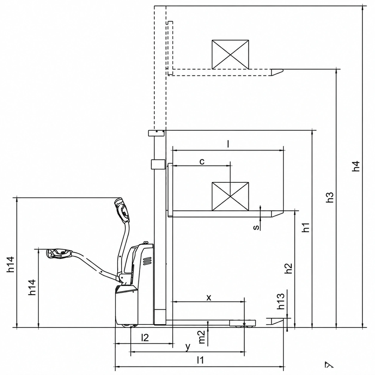 Desenho dimensional do empilhador elétrico EVV10B, EVV12B e EVV15B