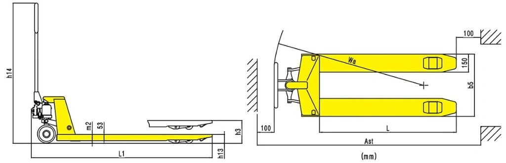Dimensões do porta-paletes manual económico RPV2000E de 2000 kg