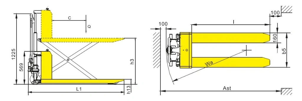 Dimensões do porta-paletes de tesoura semielétrico PESV8