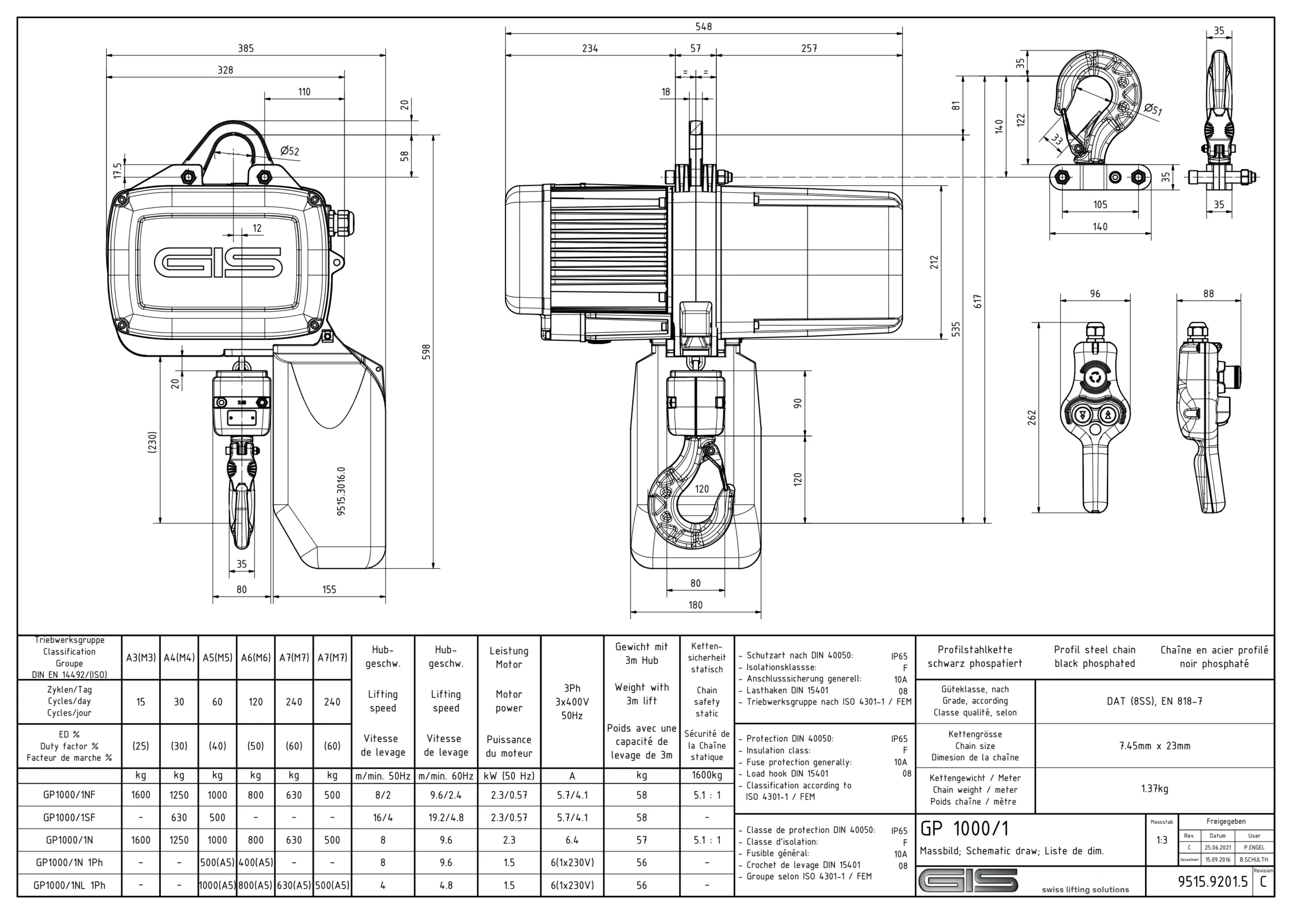 Vista industrial do diferencial elétrico de corrente GIS GP1000
