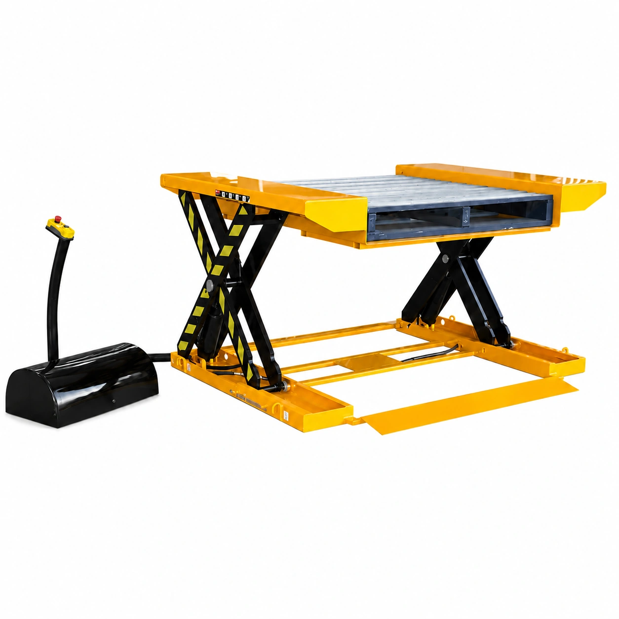 Mesa elevatória de perfil ultrabaixo com rampa 500–1500 kg