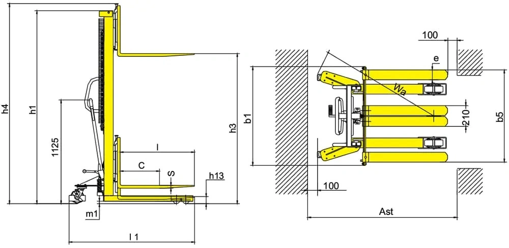 Dimensões do empilhador manual RVV2000-KPV de 2000 kg e 1500 mm