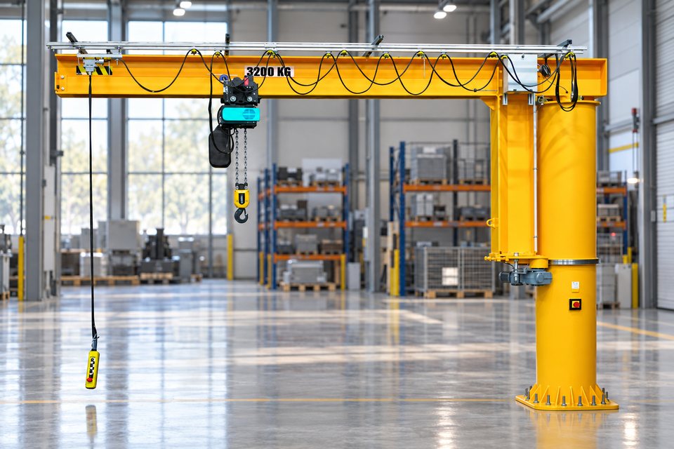 Grua giratória de coluna de rotação total Comege RSD com diferencial elétrico de corrente num pavilhão industrial